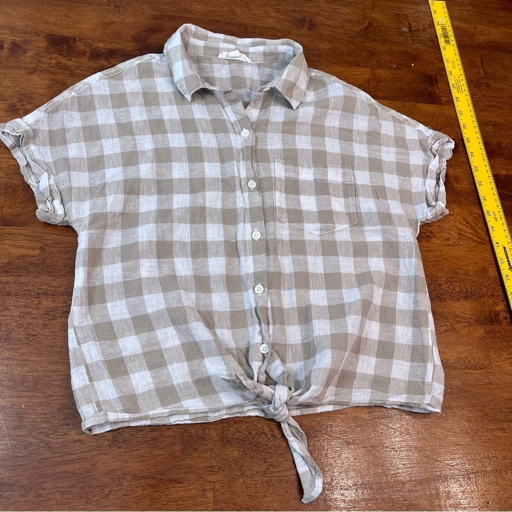 Beachlunchlounge white tan checkered gingham linen cotton shirt tie front size S - Picture 1 of 5